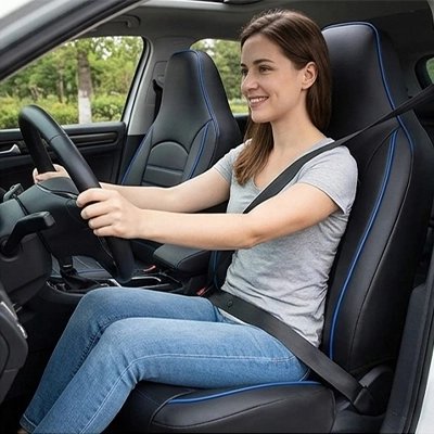 housse voiture ligne bleu femme joyeuse assise confortable volant voiture