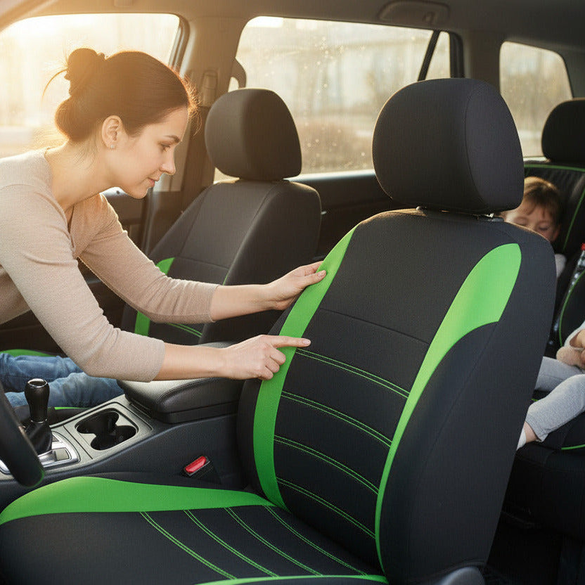HOUSSE SIEGE AUTO vert maman installant housses confortable sur sièges voiture  