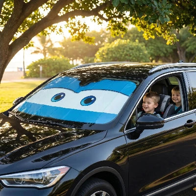 Pare-soleil voiture pare-brise avant enfant joyeux et confortable dans voiture noire
