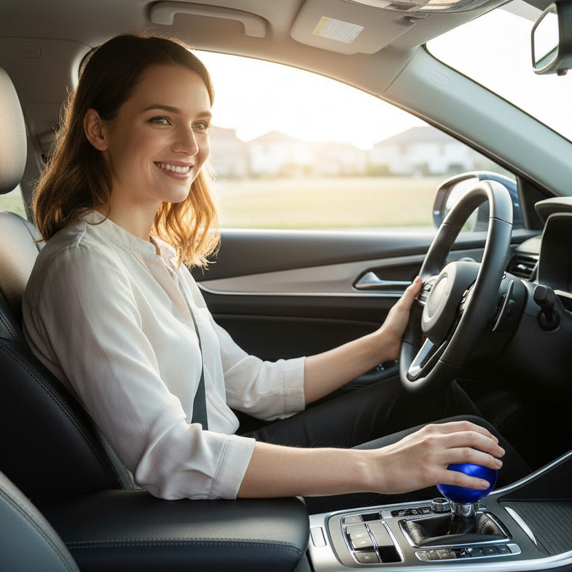 Pommeau levier de vitesse bleu métallisé femme joyeuse au volant voiture 