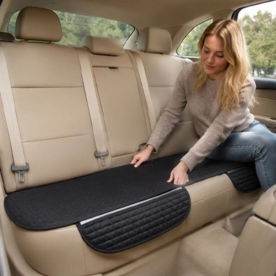 Couvre siege automobile noir femme assise arrangeant couvre siege arriere voiture