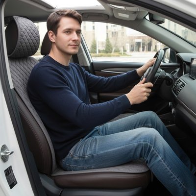 couvre sieges autos gris recouvrant assise dossier homme assis volant voiture 
