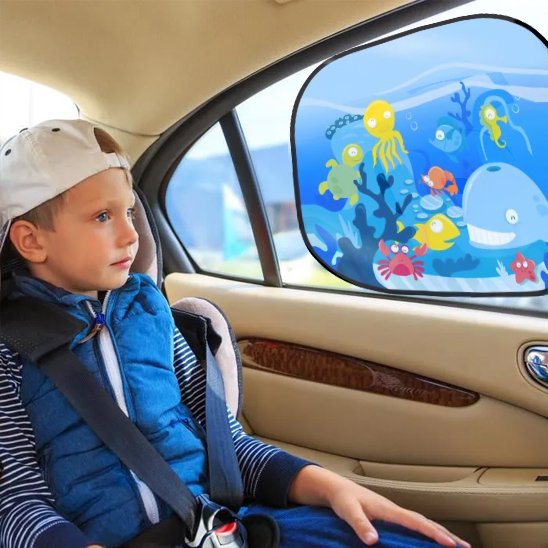 Pare soleil voiture bébé animaux marins bleu avec enfant assis arriere voiture