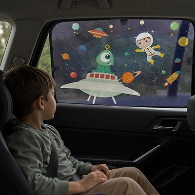 Pare soleil voiture bébé enfant admirant pare soleil au thème spatial coloré 