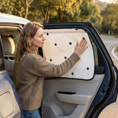 Pare soleil voiture bébé maman installe pare soleil fleuri noir fenêtre arrière voiture 