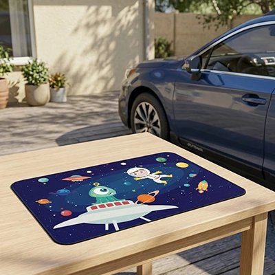 Pare soleil voiture bébé thème spatial coloré fond bleu posé sur table