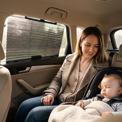 Pare soleil voiture maman regarde bébé dormir confortable dans voiture