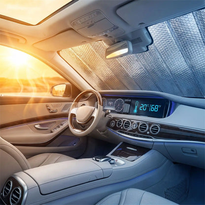 pare-soleil voiture pare-brise avant confortable sur voiture intérieur grise garé au soleil