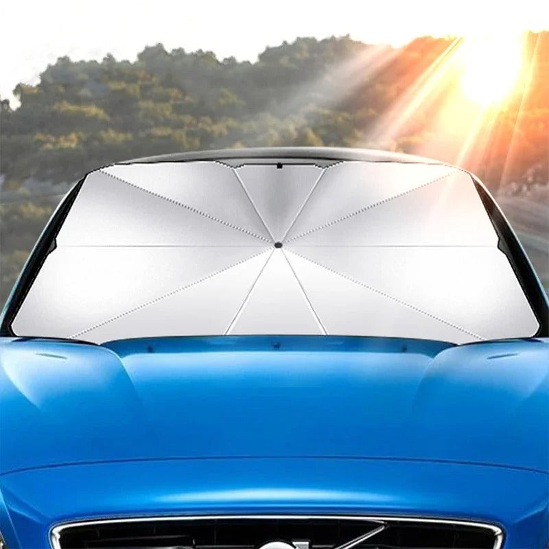 pare soleil parapluie installe sur voiture bleu garé soleil