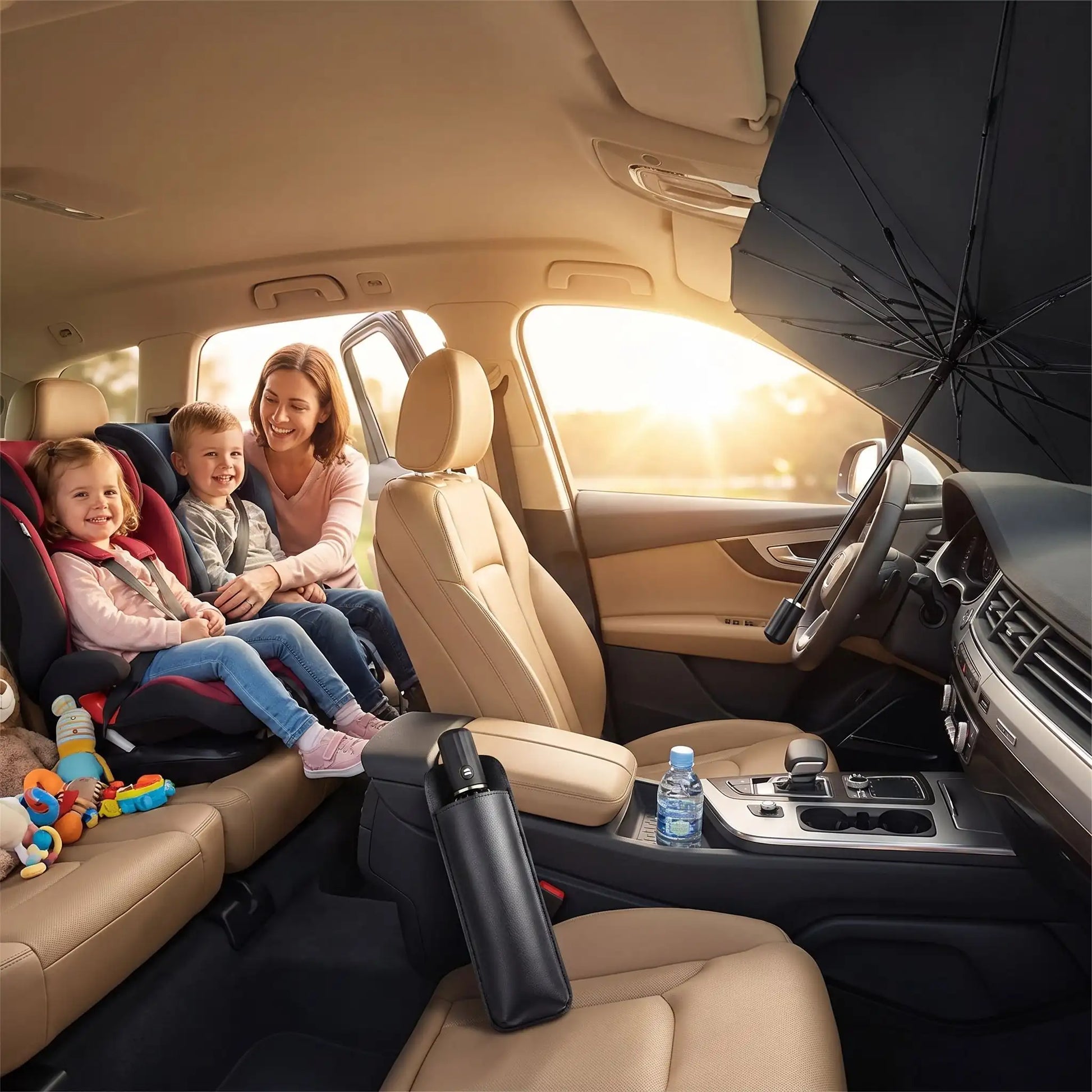 pare soleil parapluie maman installe enfants joyeux dans voiture gare au soleil