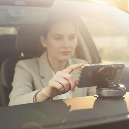support magnetique telephone voiture rotation 360° femme consultant son telephone facilement