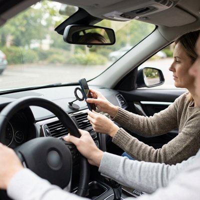 Support téléphone voiture femme qui consulte téléphone intallé sur tableau de bord voiture 