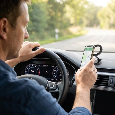Support téléphone voiture homme qui consulte le gps sur son smartphone 