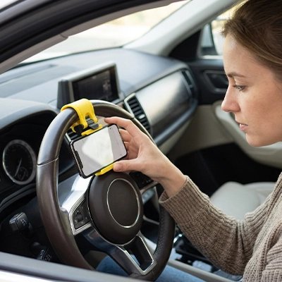 Support téléphone voiture jaune femme regarde smartphone fixé sur volant voiture 
