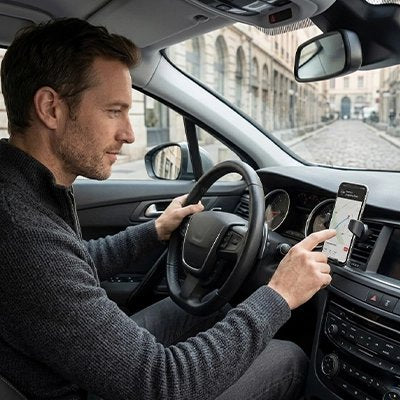 Support téléphone voiture Stabilité renforcée homme qui consulte gps sur téléphone