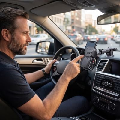 support voiture pour telephone Bras articulé extensible homme consultant téléphone main au volant
