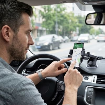 support voiture pour telephone Bras articulé homme consultant gps sur téléphone dans voiture  