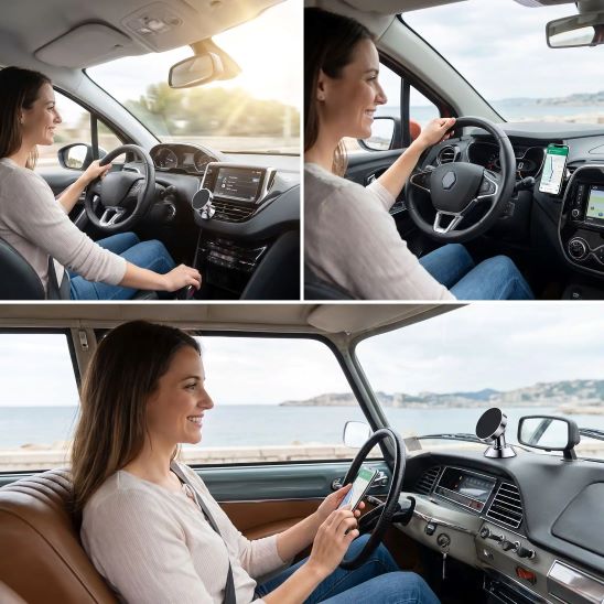 support magnetique telephone voiture argent femme assise joyeuse dans ses voiture