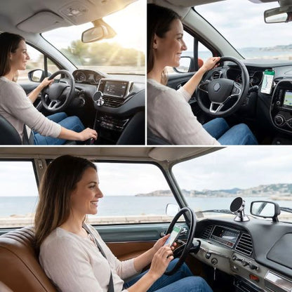 support magnetique telephone voiture argent femme assise joyeuse dans ses voiture